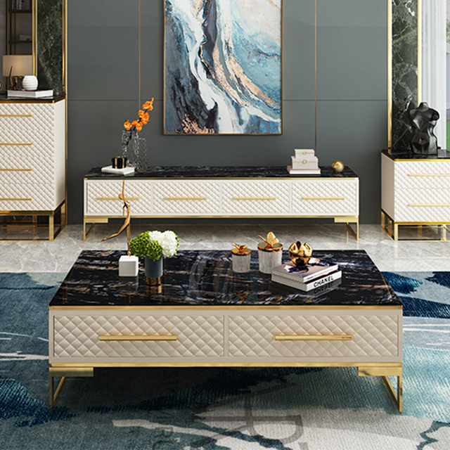 High Class Luxury Unique Gold Marble Coffee Table With Leather Decoration 