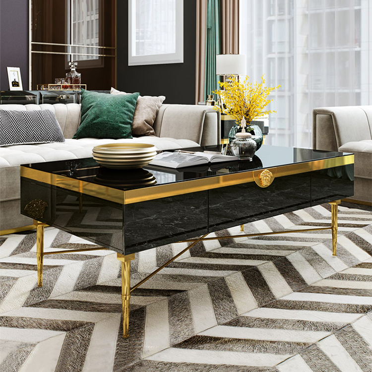 Black Gold Marble Wood Coffee Table Set 