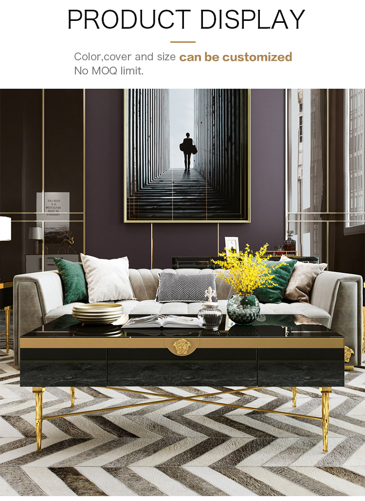 Black Gold Marble Wood Coffee Table Set 