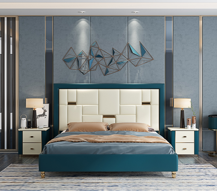 Elegant bedroom furniture king storage wooden frame full leather bed