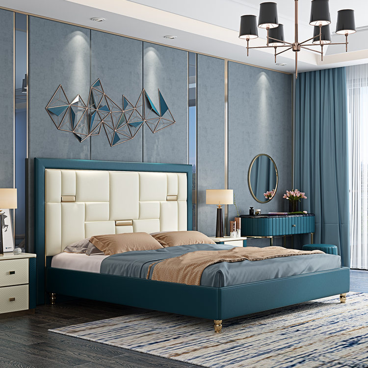 Elegant bedroom furniture king storage wooden frame full leather bed