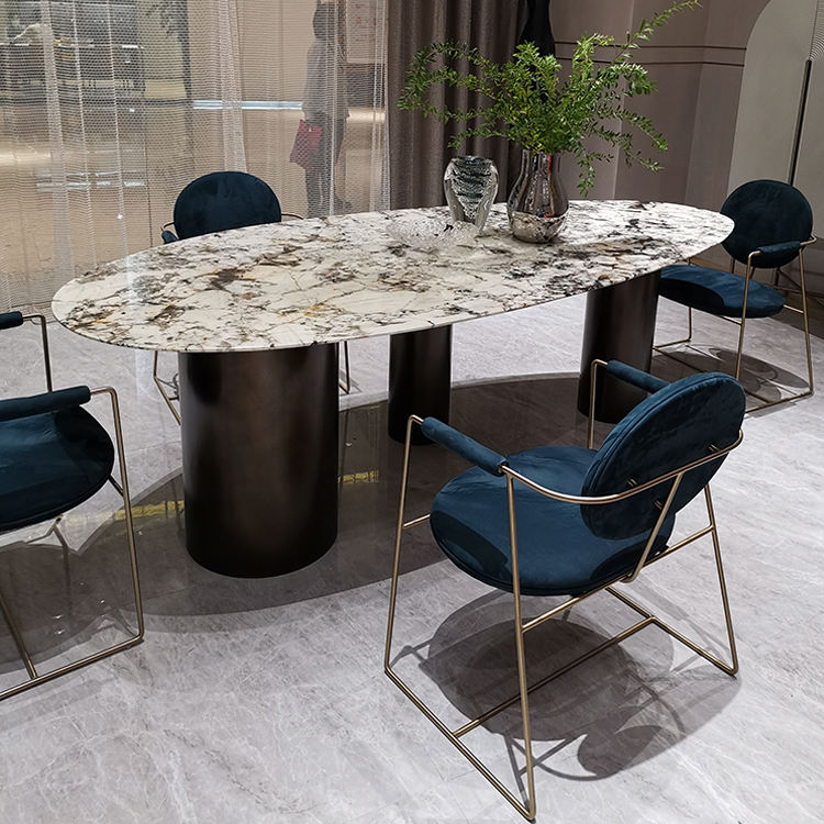 Modern Stainless steel leg luxury marble stone top metal dining tables sets