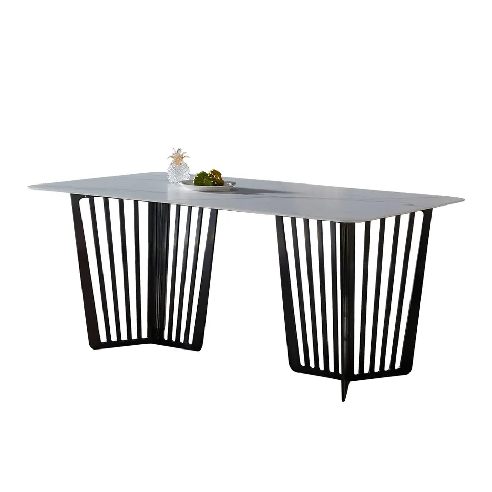 Luxury White Marble Rectangular Stainless Steel Base Dining Table Set